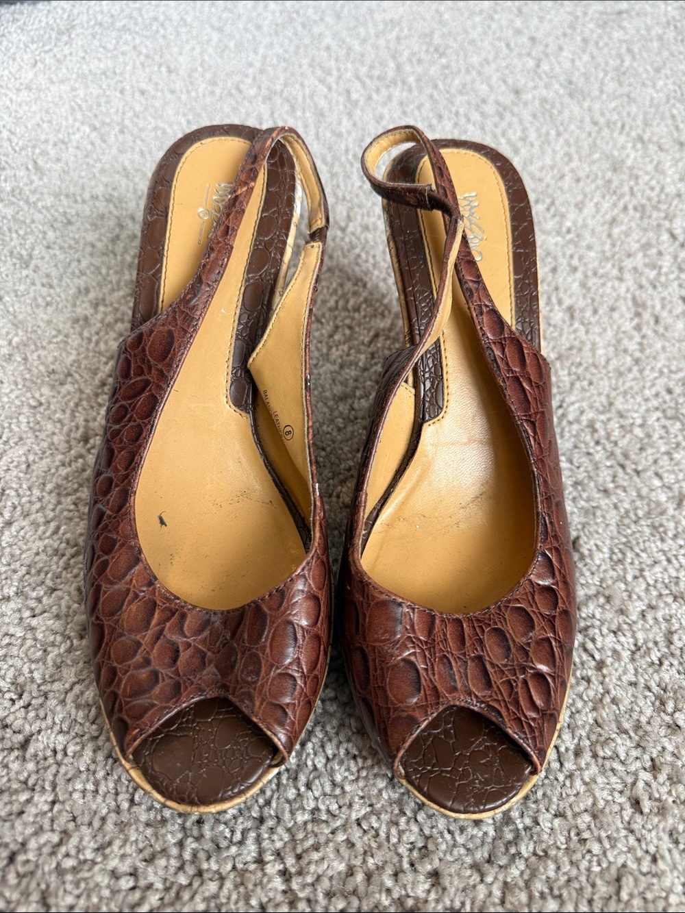 Brown Croc-Embossed Slingback Peep-Toe Mules